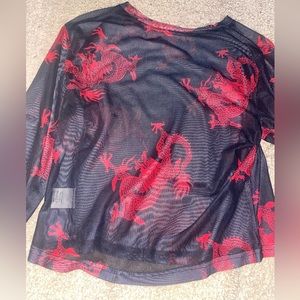 Long sleeve mesh black & red dragon t shirt